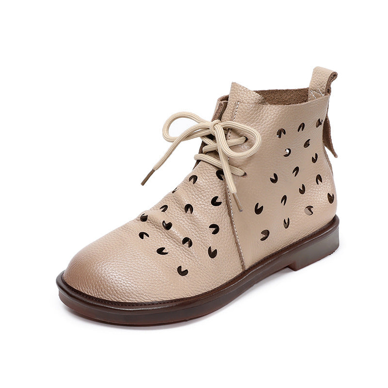 Women Soft Plain Hollow Leather Casual Flat Ankle Boots-RAIIFY