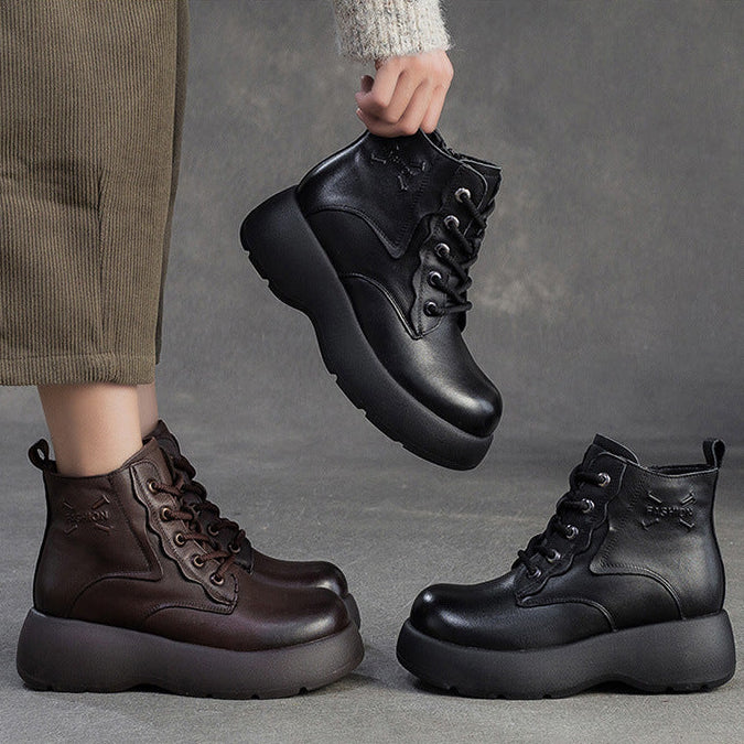 Women's Retro Plain Leather Platform Ankle Snow Boots-RAIIFY