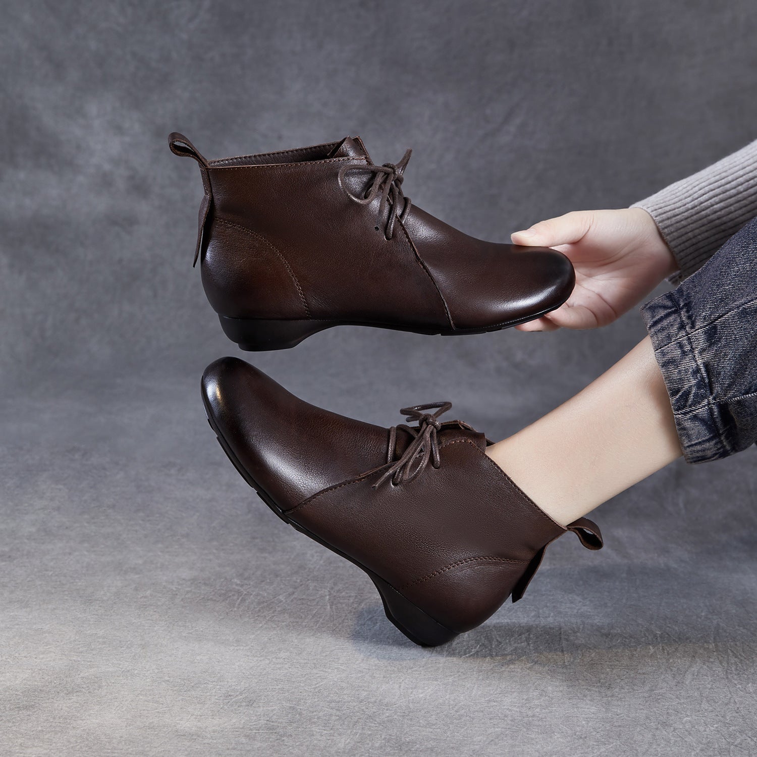 Women's Plain Leather Lace-up Casual Ankle Boots-RAIIFY