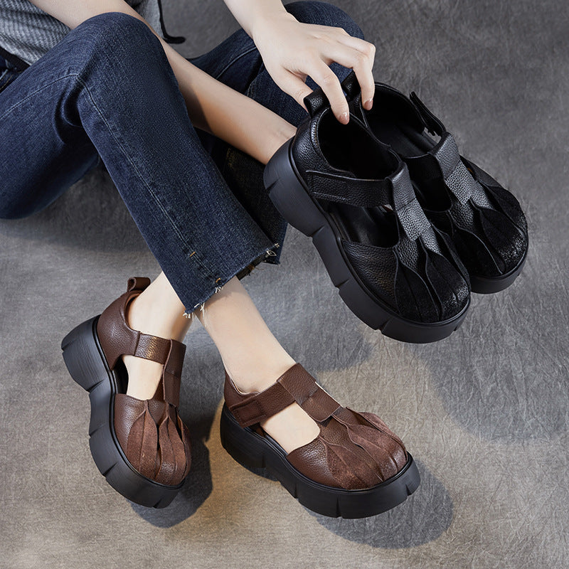 Women Retro Plain Leather Platform Velcro Tape Sandals-RAIIFY