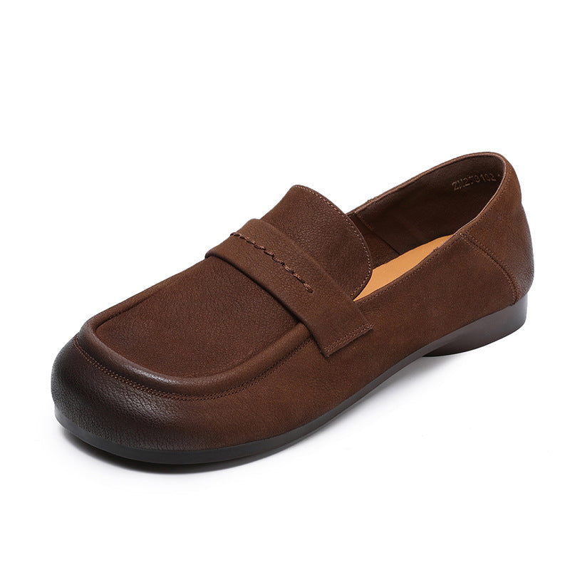 Women Retro Solid Leather Casual Flat Soft Loafers-RAIIFY