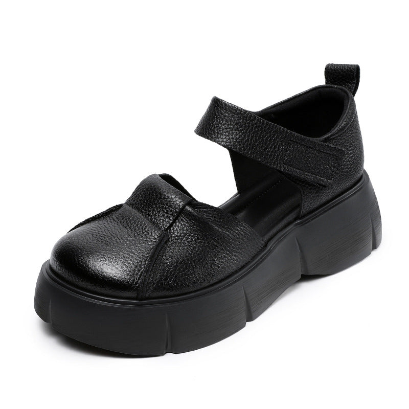 Women Retro Round Head Leather Platform Casual Sandals-RAIIFY