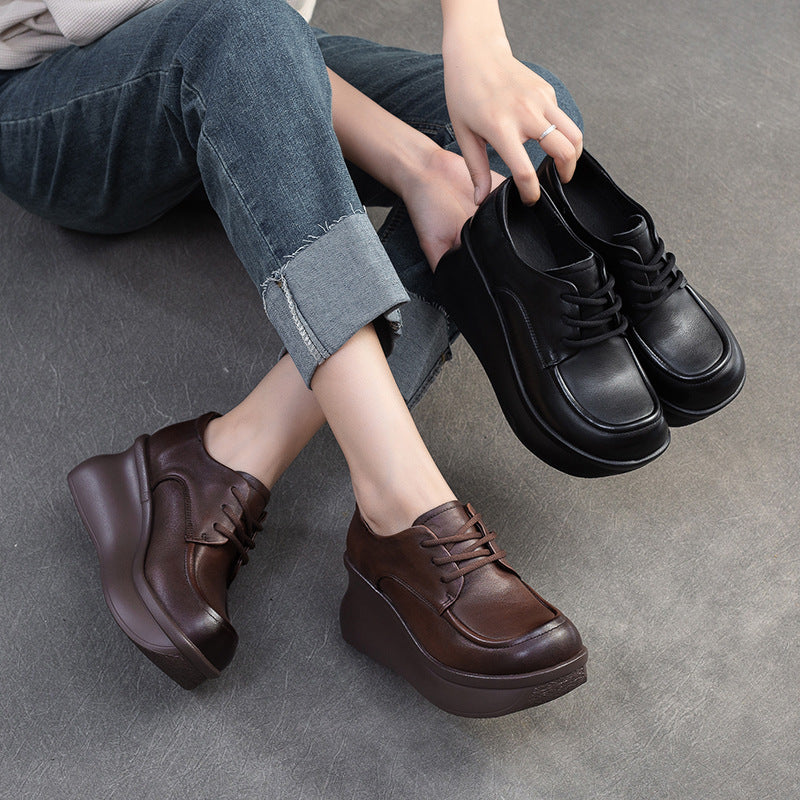 Women Retro Solid Leather Chunky Platform Wedge Casual Shoes