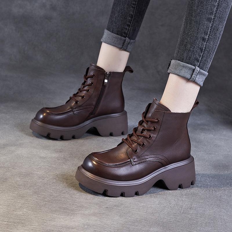 Women's Vintage Leather Casual Platform Ankle Boots-RAIIFY