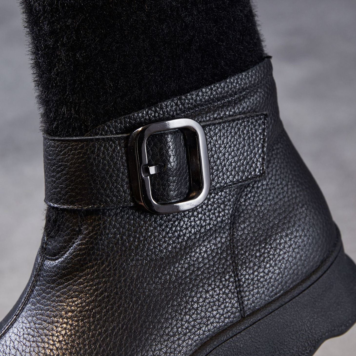 Women's Leather Buckle-Strap Furred Ankle Boots-RAIIFY