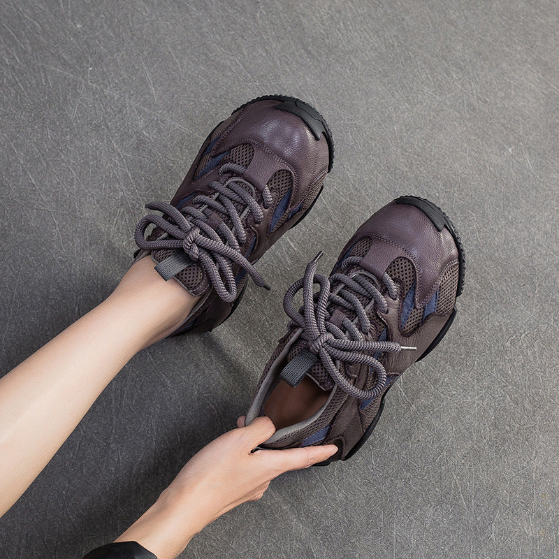 Women's Retro Breathable Mesh Leather Flat Casual Shoes-RAIIFY