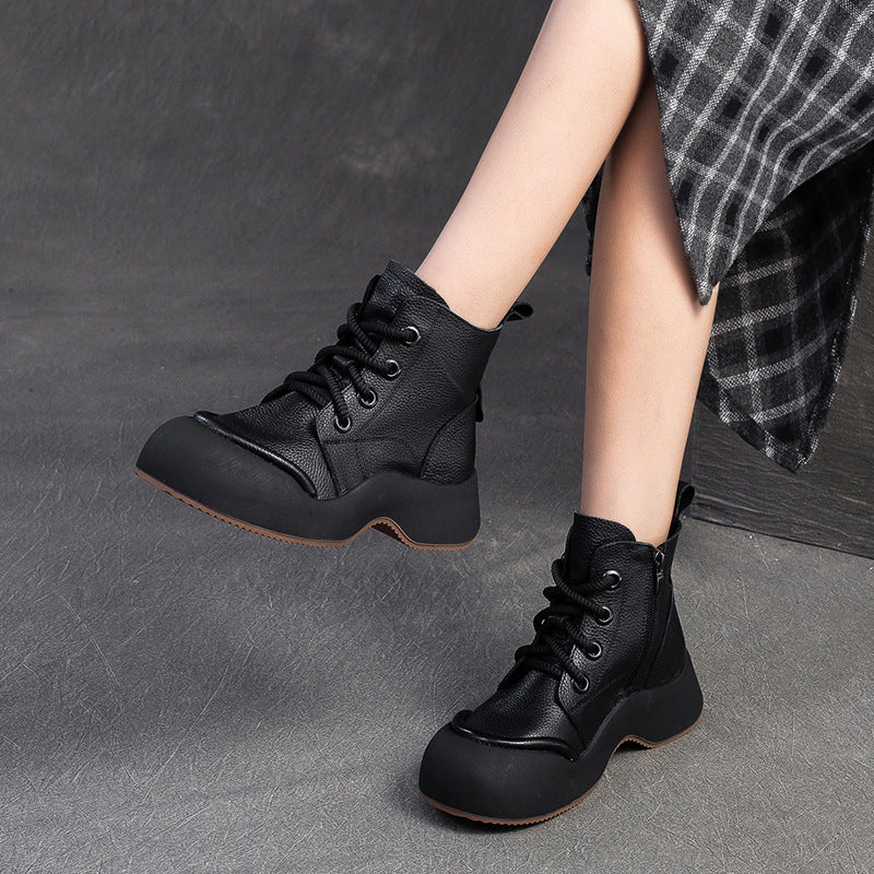 Women Solid Soft Leather Casual Thick Soled Boots-RAIIFY