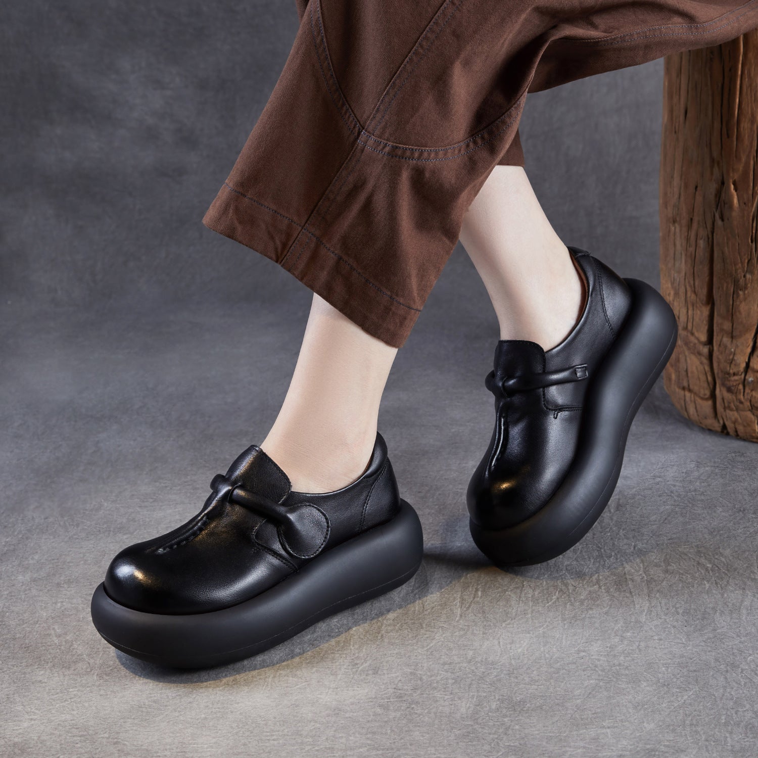Women Retro Leather Chunky Platform Casual Shoes-RAIIFY