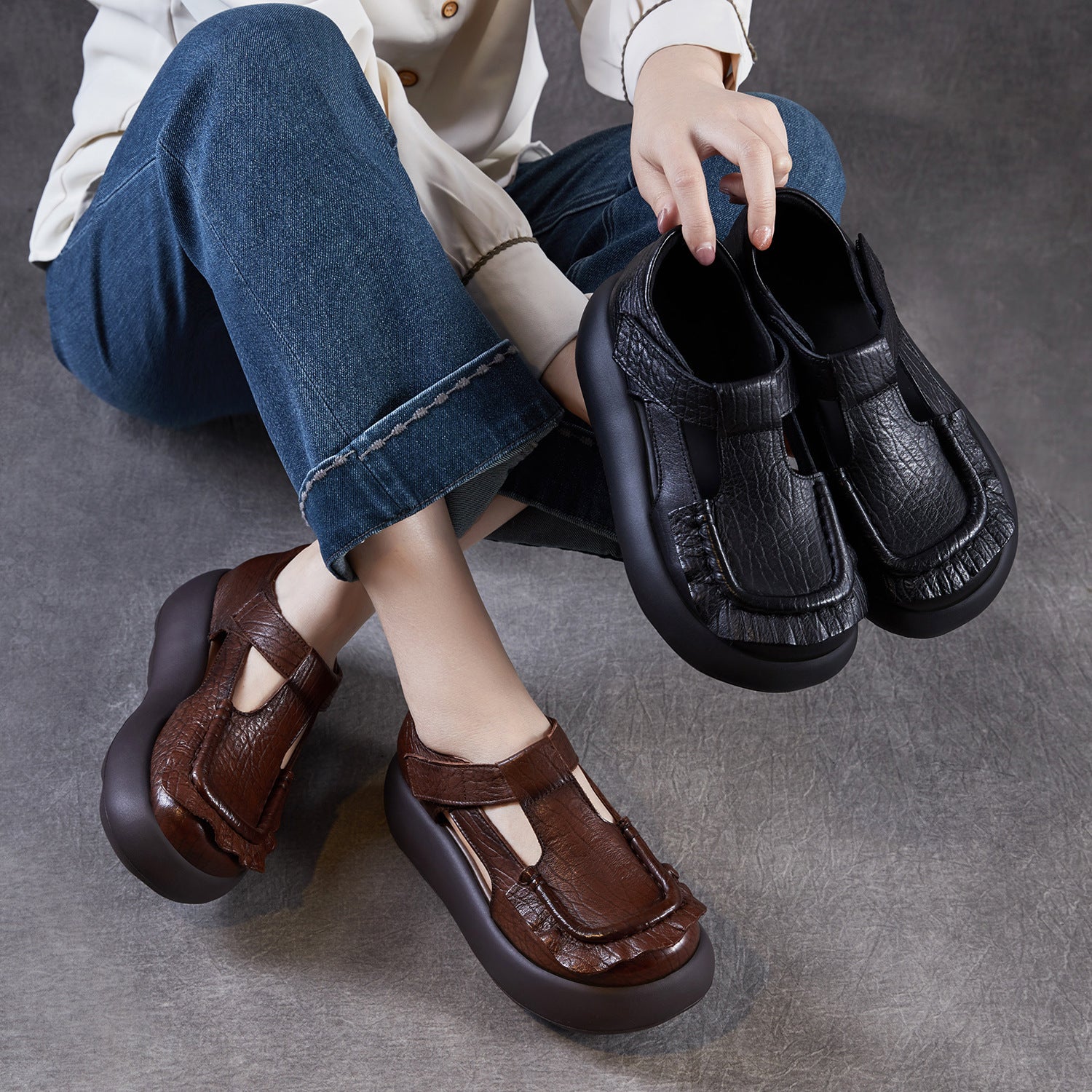 Women's Genuine Leather Retro Hollow Out Platform Sandals-RAIIFY