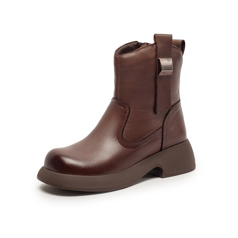 Women's Minimalist Plain Leather Woolen Ankle Boots