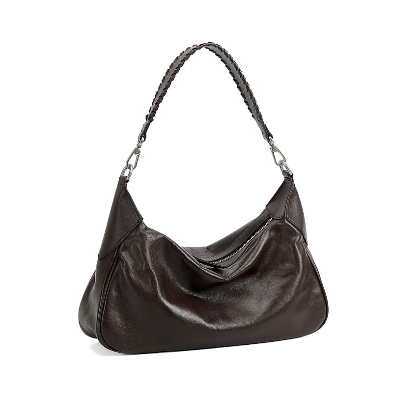 Women’s Retro Plain Soft Leather Retro Shoulder Hobo Bag-RAIIFY