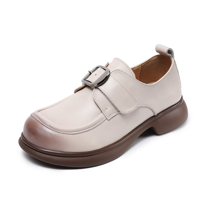 Women Minimalism Solid Leather Buckle Casual Loafers-RAIIFY