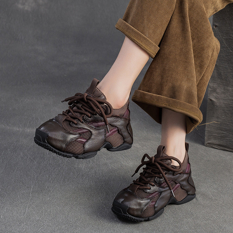 Women's Retro Breathable Mesh Leather Flat Casual Shoes-RAIIFY