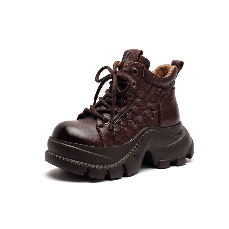 Women's Retro Woven Leather Comfort Platform Boots-RAIIFY
