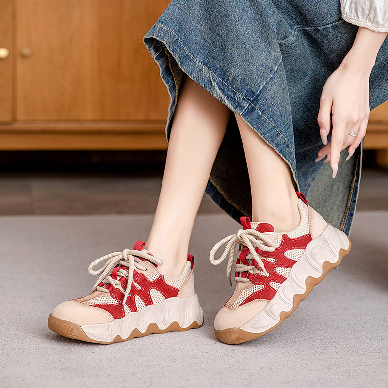 Women Color Matching Leather Mesh Platform Casual Shoes-RAIIFY