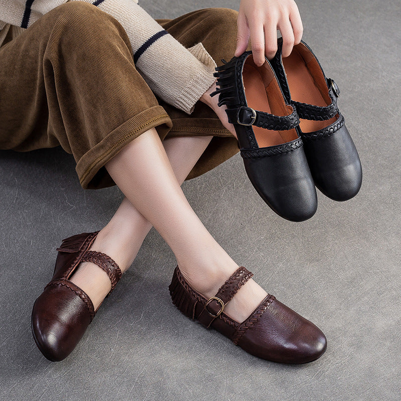 Women's Vintage Leather Tassel Soft Flats-RAIIFY
