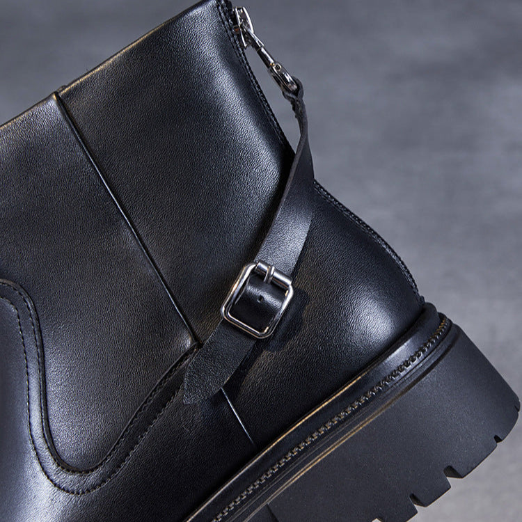 Women's Retro Plain Leather Furred Platform Ankle Boots-RAIIFY