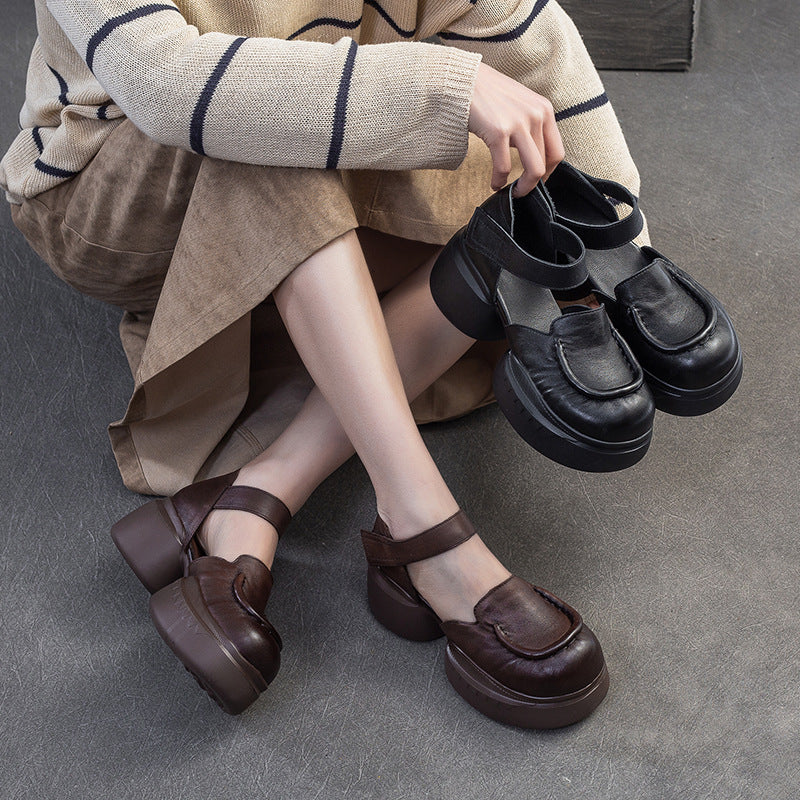 Women Retro Plain Leather Round Head Chunky Platform Sandals-RAIIFY