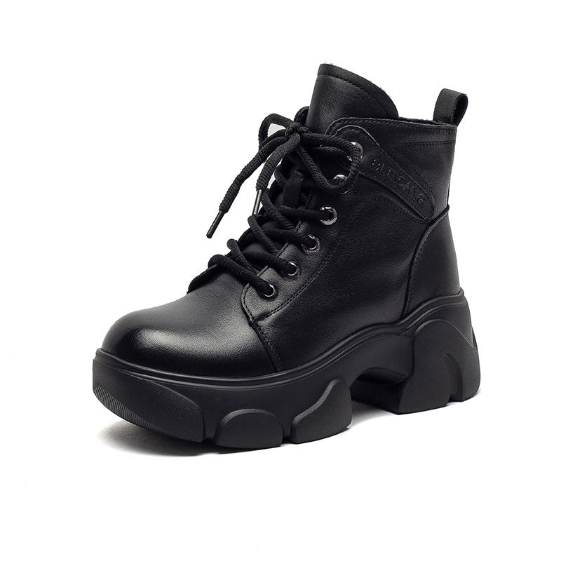 Women's Vintage Leather Wool Platform Boots-RAIIFY