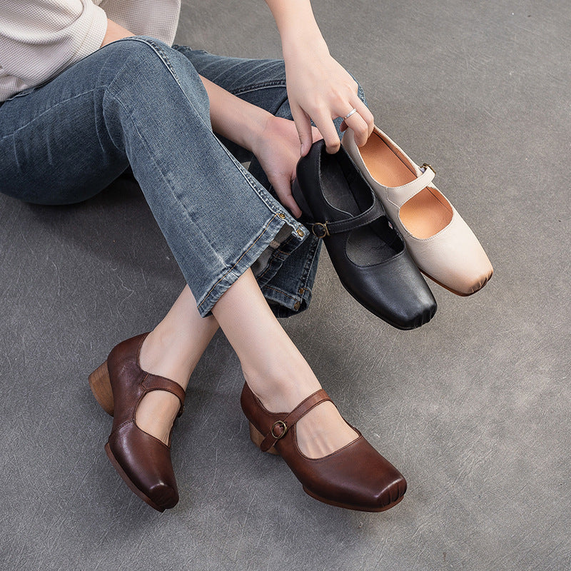 Women Retro Leather Buckle Low Block Casual Shoes-RAIIFY