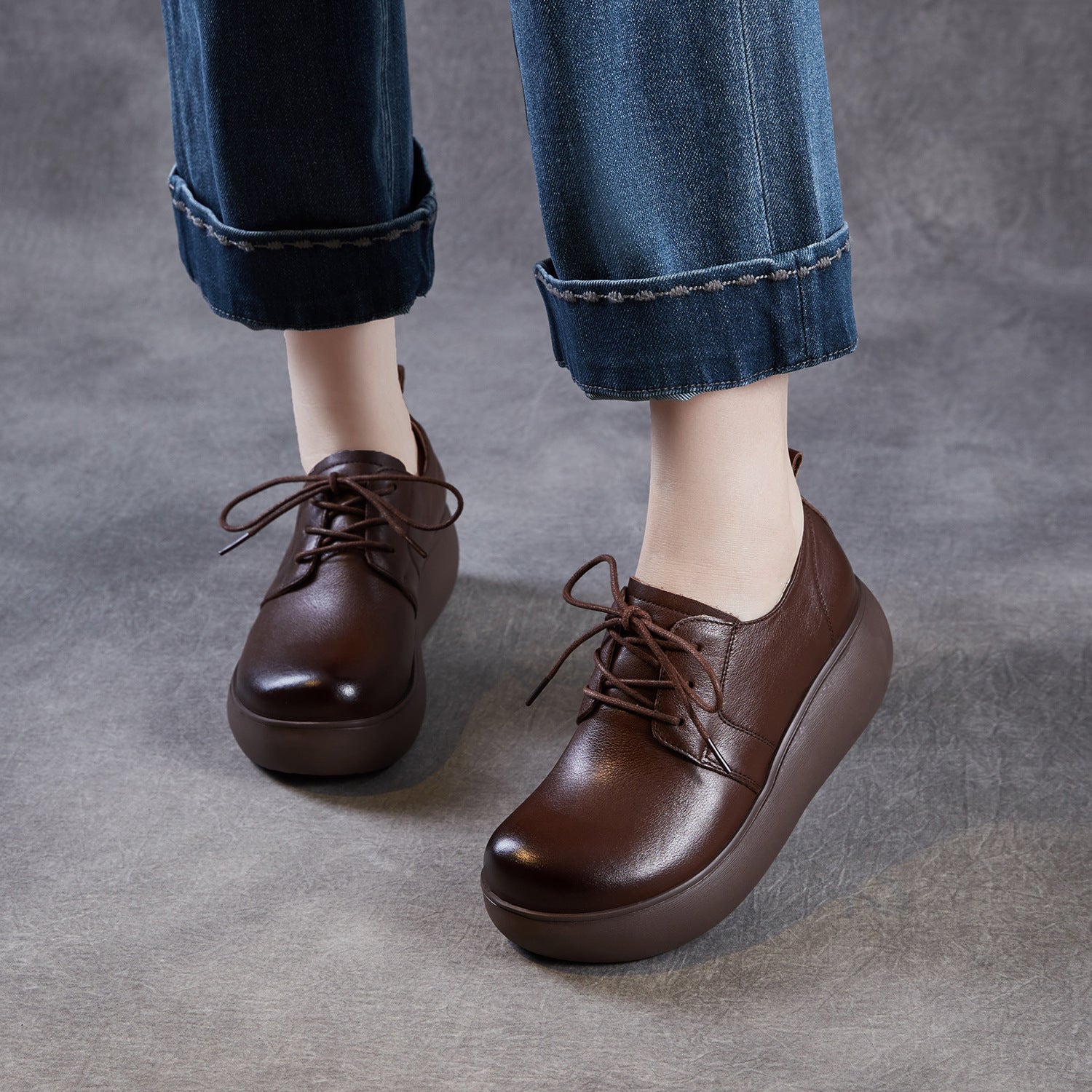 Women Genuine Leather Platform Round Toe Retro Comfort Loafers-RAIIFY