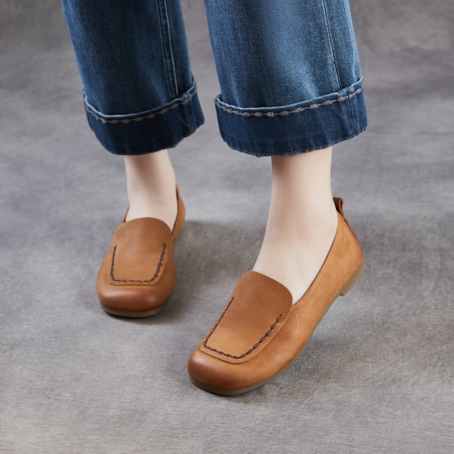 Women's Retro Plain Leather Flat Loafers-RAIIFY