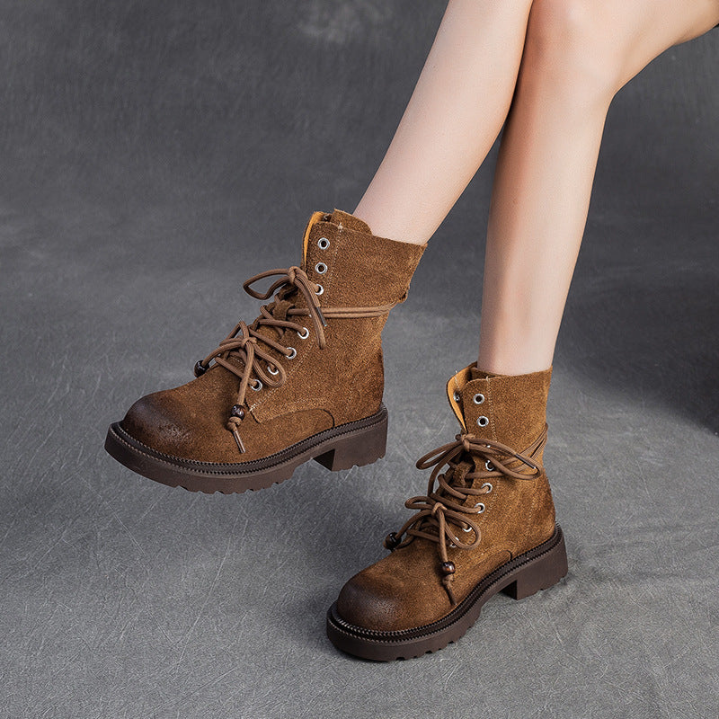 Women's Vintage Plain Leather Casual Lace-up Boots-RAIIFY