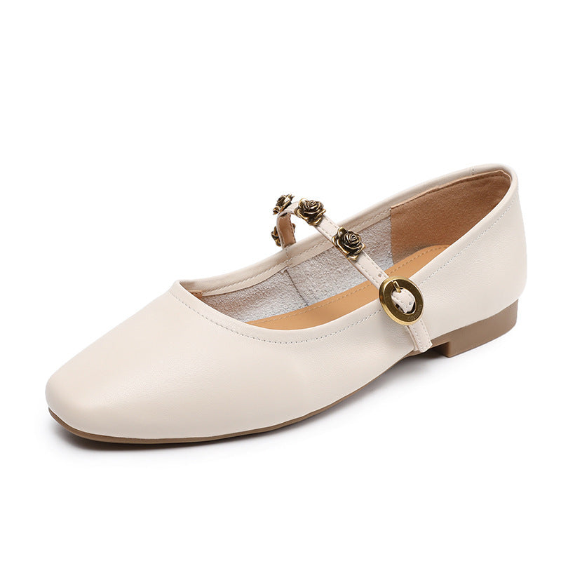 Women Genuine Leather Square Toe Low Heel Mary Jane Shoes-RAIIFY