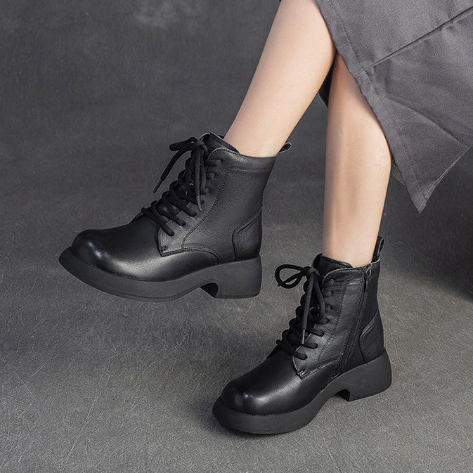 Women's Minimalist Plain Leather Woolen Snow Boots-RAIIFY