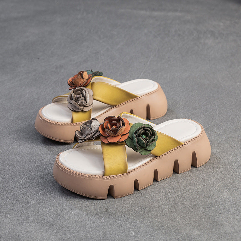 Women's Retro Leather Flower Platform Casual Slides-RAIIFY