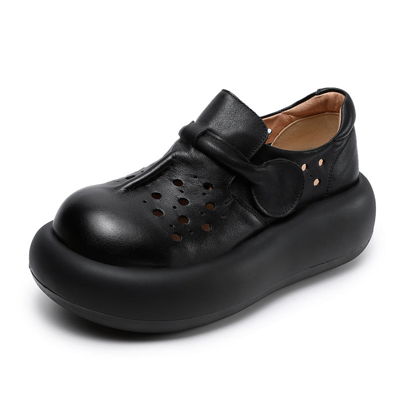 Women Retro Hollow Plain Leather Platform Casual Shoes-RAIIFY