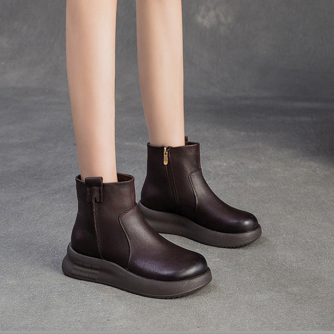 Women's Minimalist Plain Leather Furred Ankle Snow Boots-RAIIFY