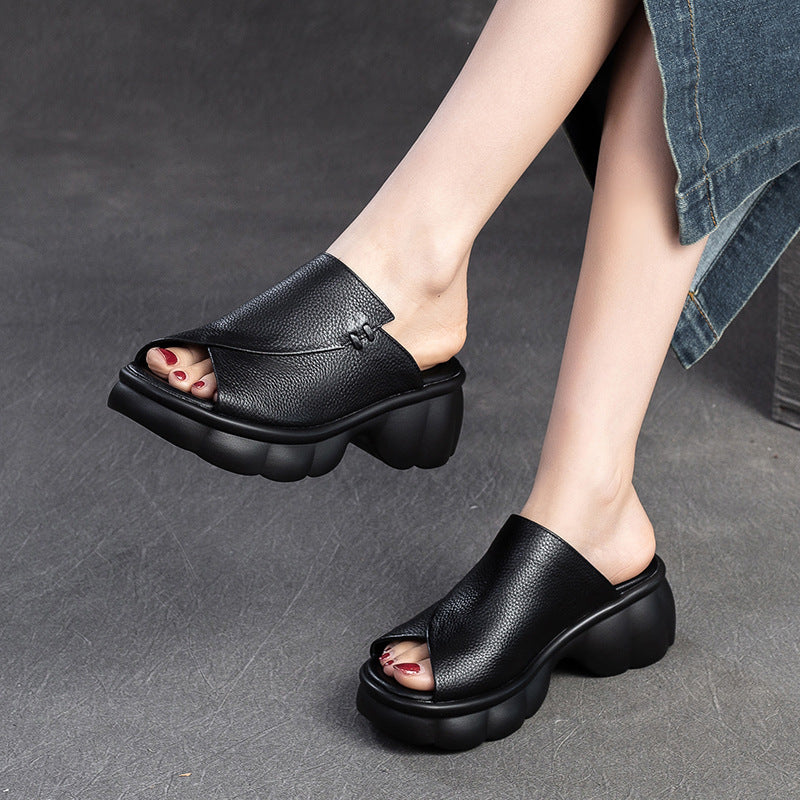 Women Minimalist Casual Leather Platform Slides Sandals-RAIIFY