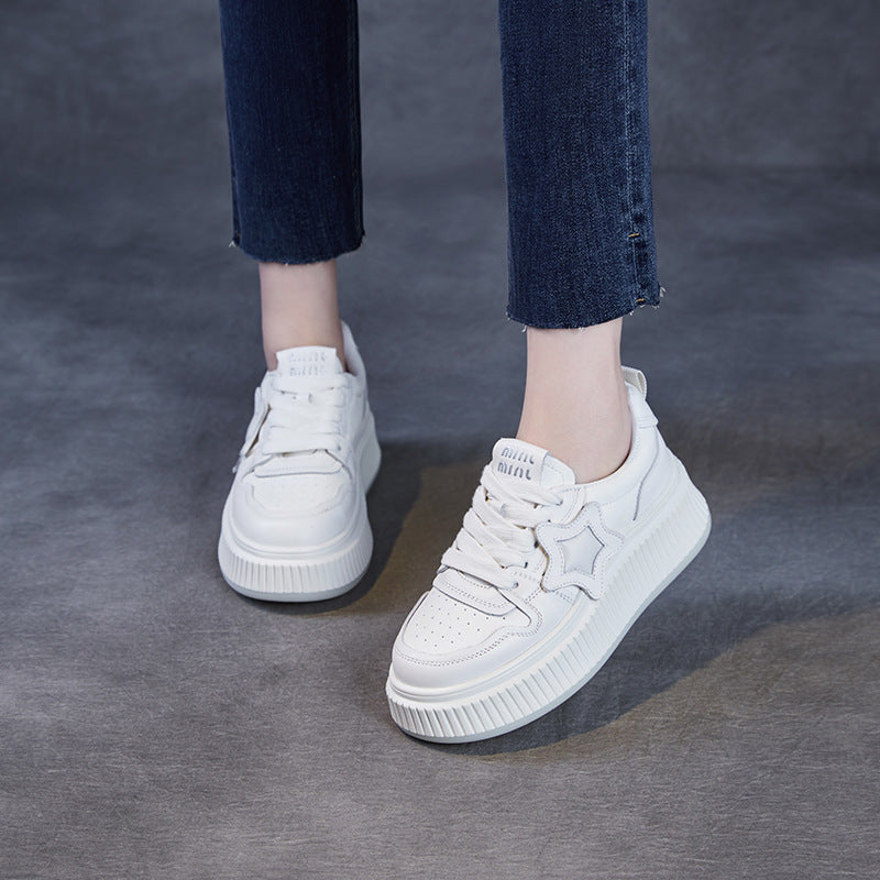 Women Plain Embossed Leather Thick Soled Casual Sneakers-RAIIFY