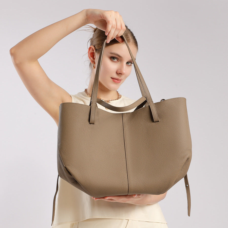 Women’s Leather Tote Bag with Detachable Pouch-RAIIFY