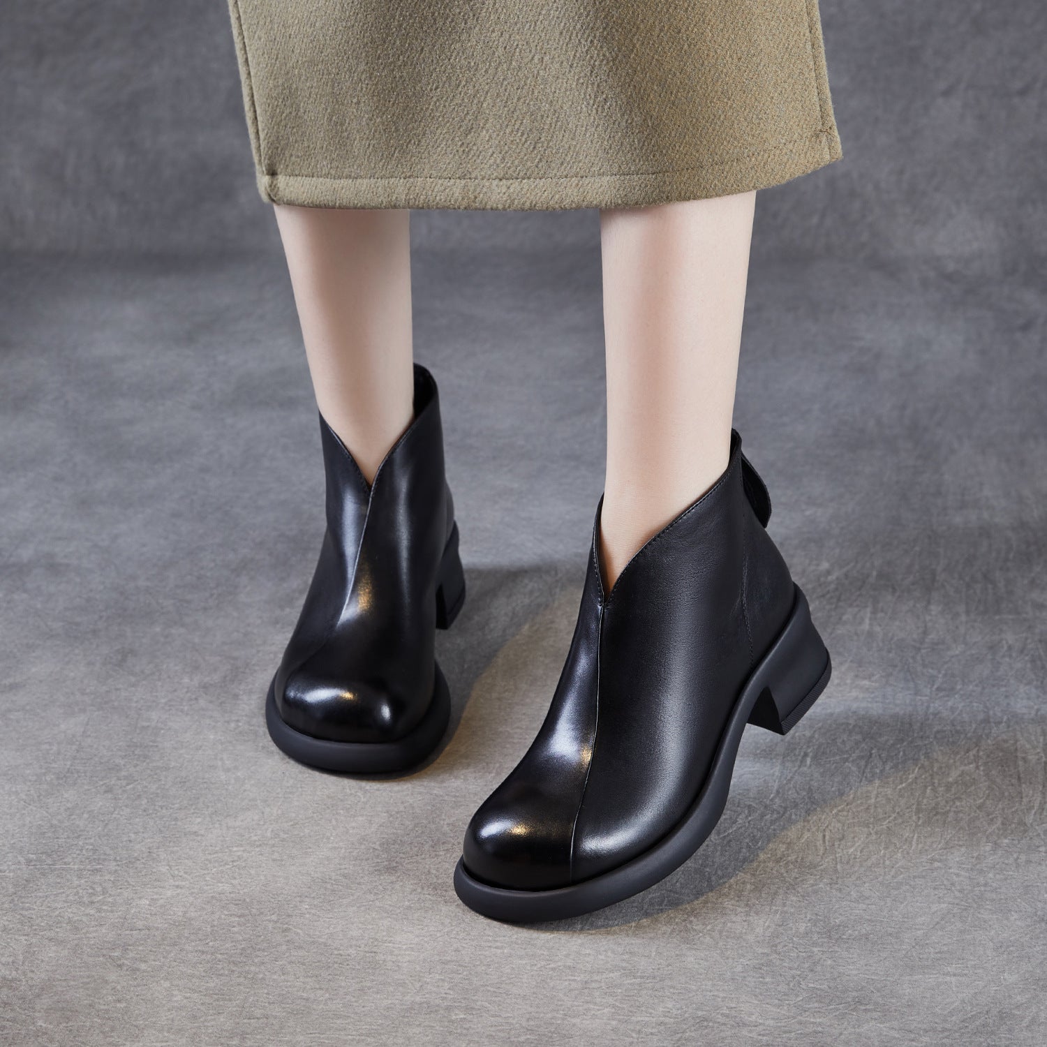 Women's Retro Plain Leather Low Block Ankle Boots-RAIIFY