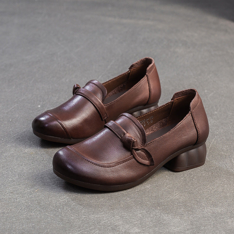 Women's Retro Plain Leather Chunky Heel Loafers-RAIIFY