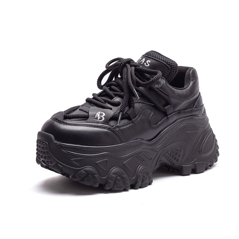Women's Retro Plain Leather Chunky Platform Sneakers-RAIIFY