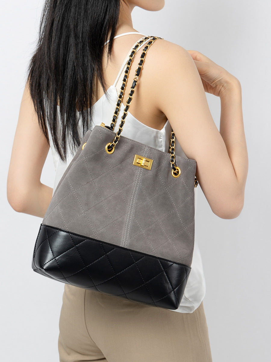 Women’s Suede Leather Bucket Bag with Chain-RAIIFY