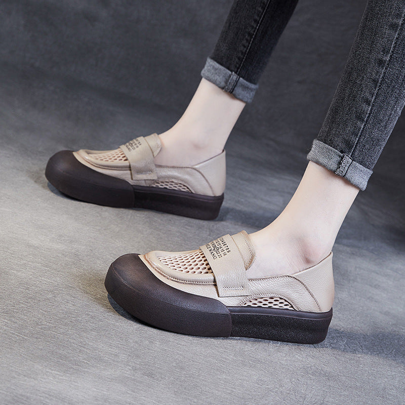 Women Breathable Mesh Leather Flat Casual Shoes-RAIIFY
