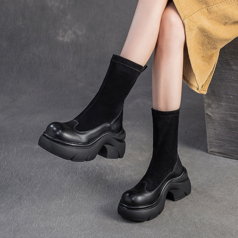 Women's Minimalist Retro Leather Elastic Mid-Calf Boots-RAIIFY