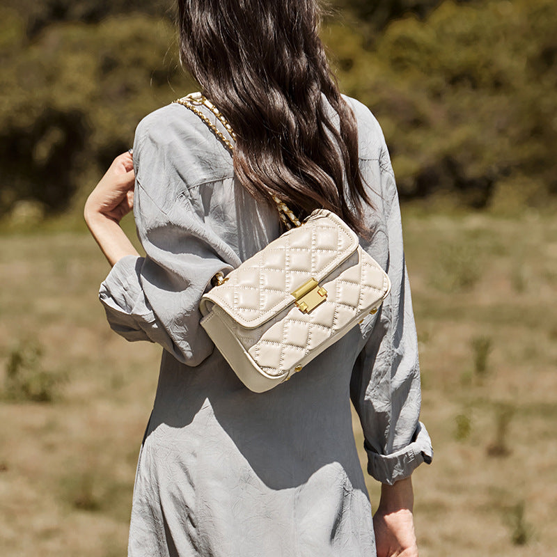 Women's Plain Quilted Leather Chain Strap Cross Body Bag-RAIIFY