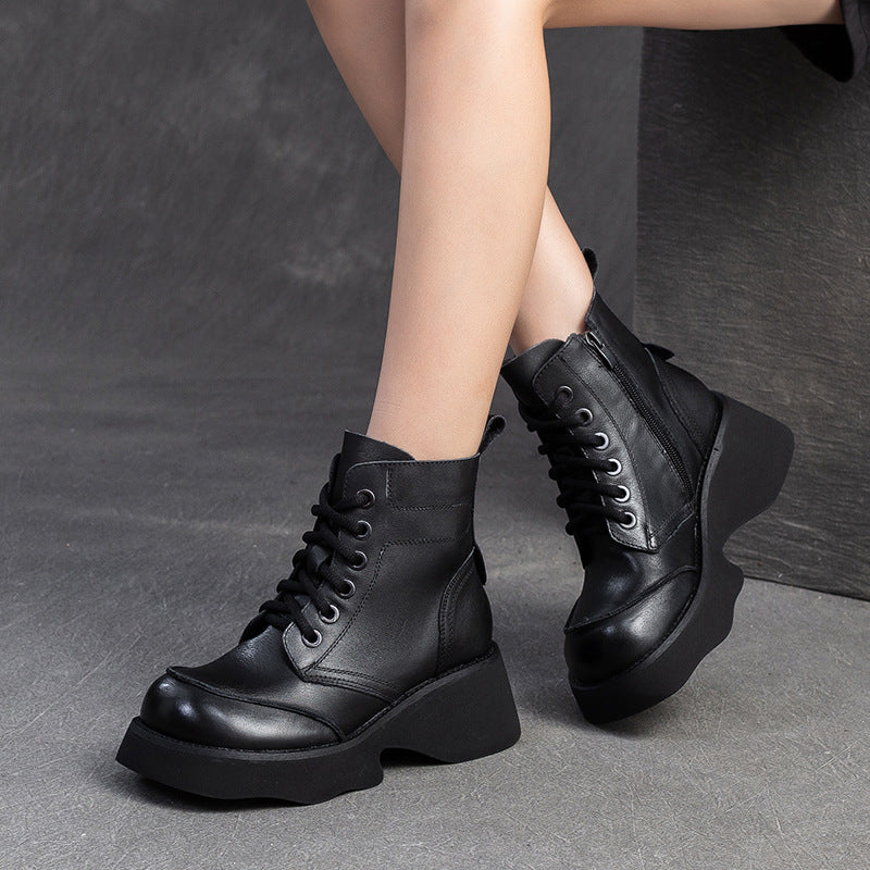 Women Retro Solid Leather Platform Boots-RAIIFY