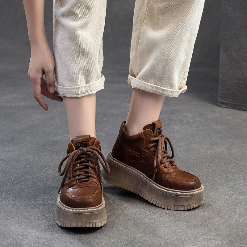 Women's Retro Leather High Top Platform Casual Shoes-RAIIFY