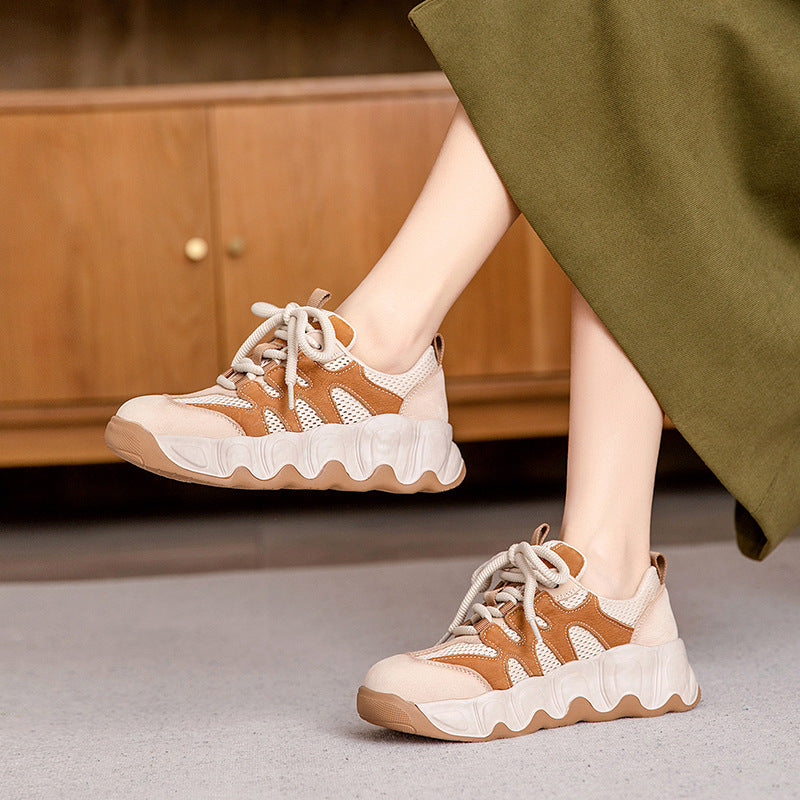 Women Color Matching Leather Mesh Platform Casual Shoes-RAIIFY