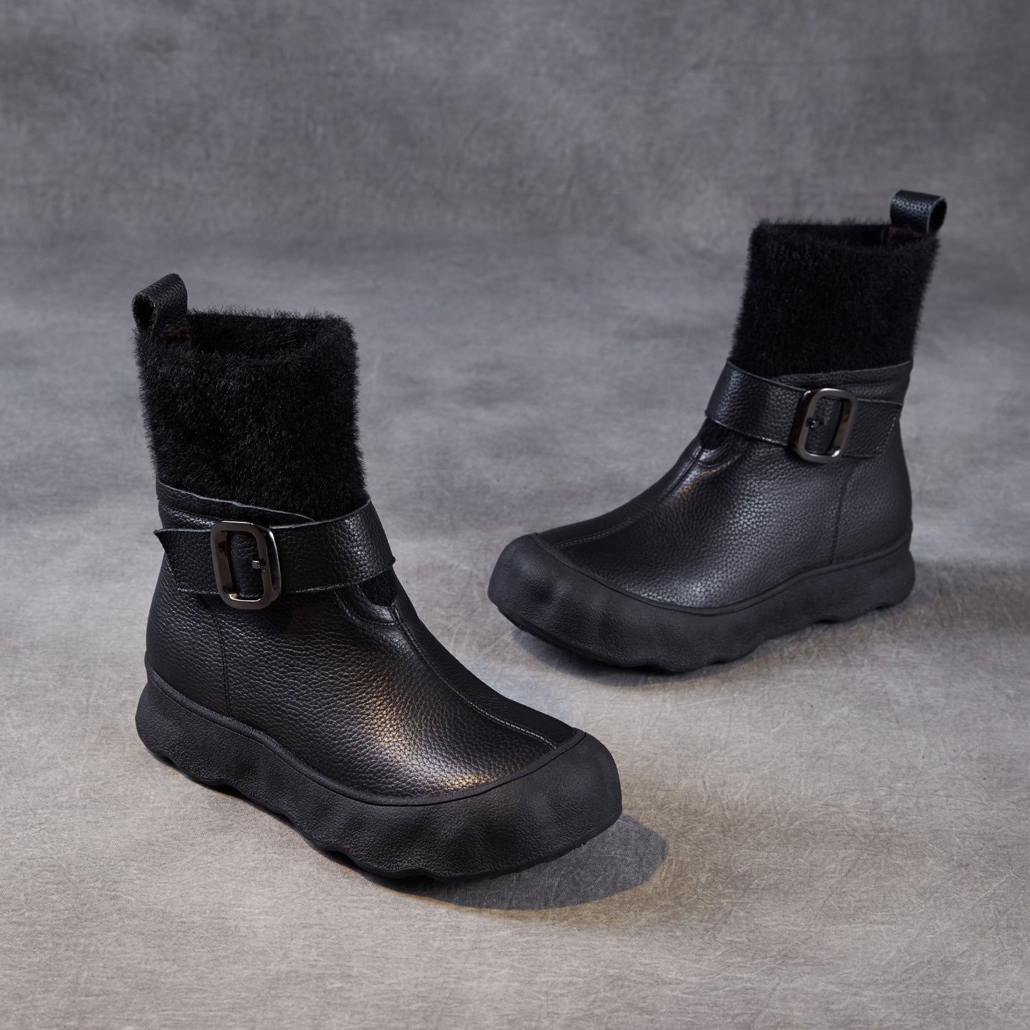 Women's Leather Buckle-Strap Furred Ankle Boots-RAIIFY