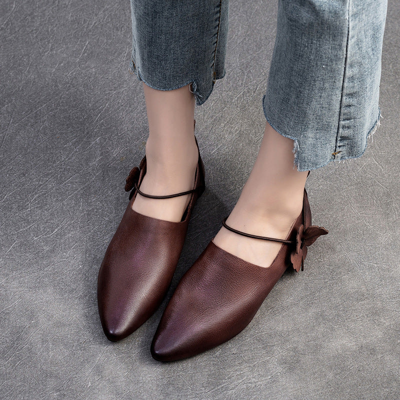 Women's Retro Plain Soft Leather Pointed-Toe Flats-RAIIFY