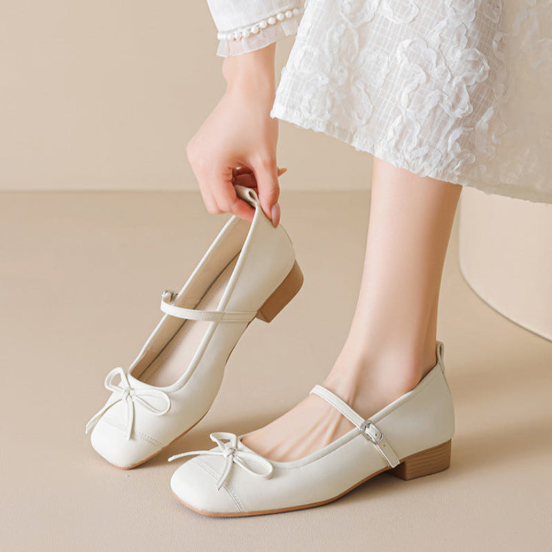 Women's Minimalist Bowknot Low Block Mary Jane Shoes-RAIIFY
