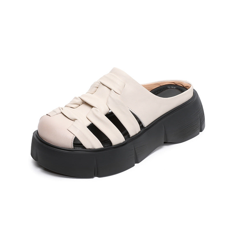 Women Retro Plaited Leather Platform Casual Mules-RAIIFY