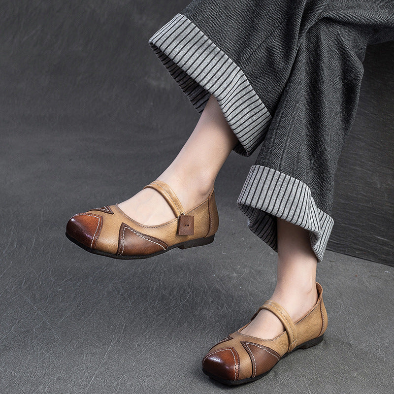 Women Vintage Color Matching Leather Soft Flats-RAIIFY